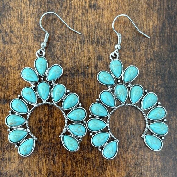 Western Cluster Earrings – Turquoise Accents, 2.5” Drop, Zuni Style Crescent - Picture 1 of 9